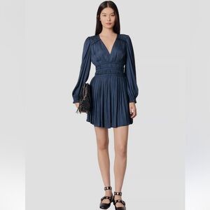 Maje navy blue satin dress with ruffles Elegant Long Sleeve cocktail Dress | 38